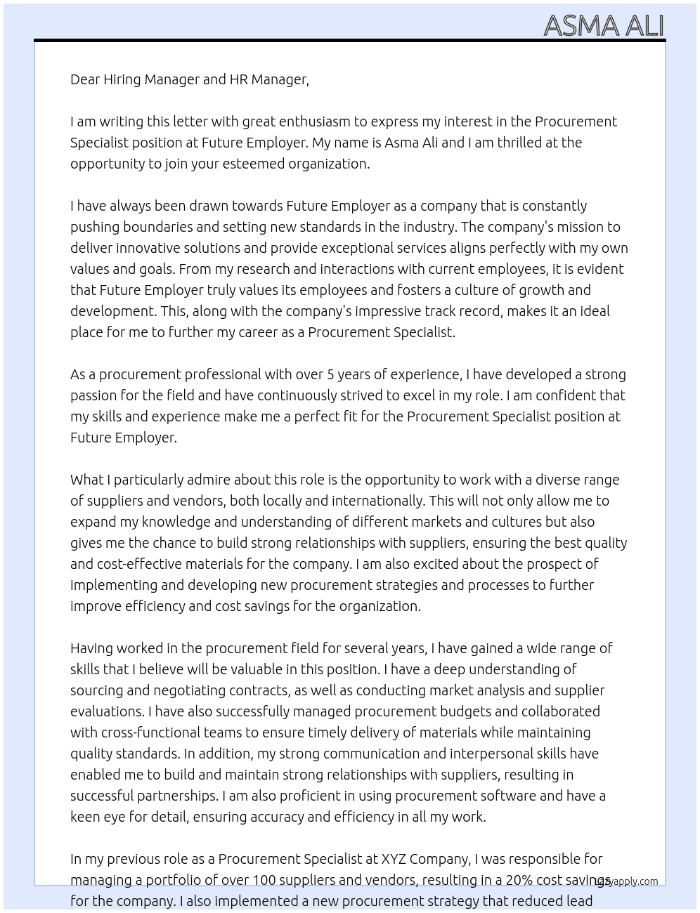 PROCUREMENT SPECIALIST At FUTURE EMPLOYEER Cover Letter