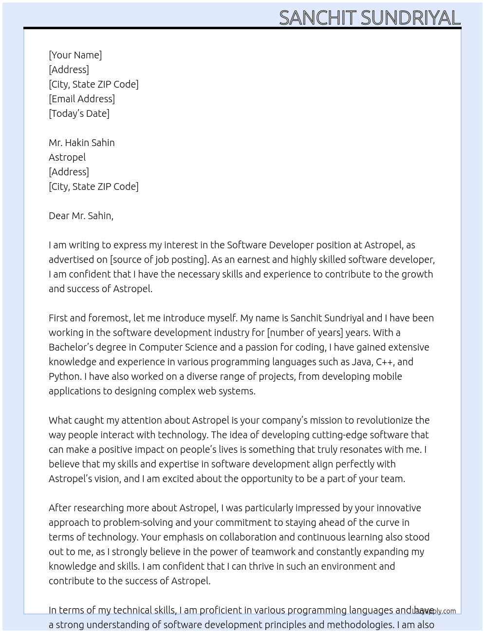 Software developer At Astropel Cover Letter