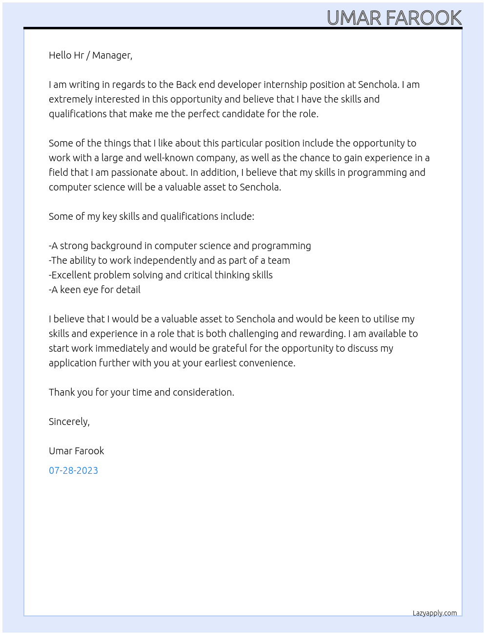 Back end developer internship  At Senchola  Cover Letter