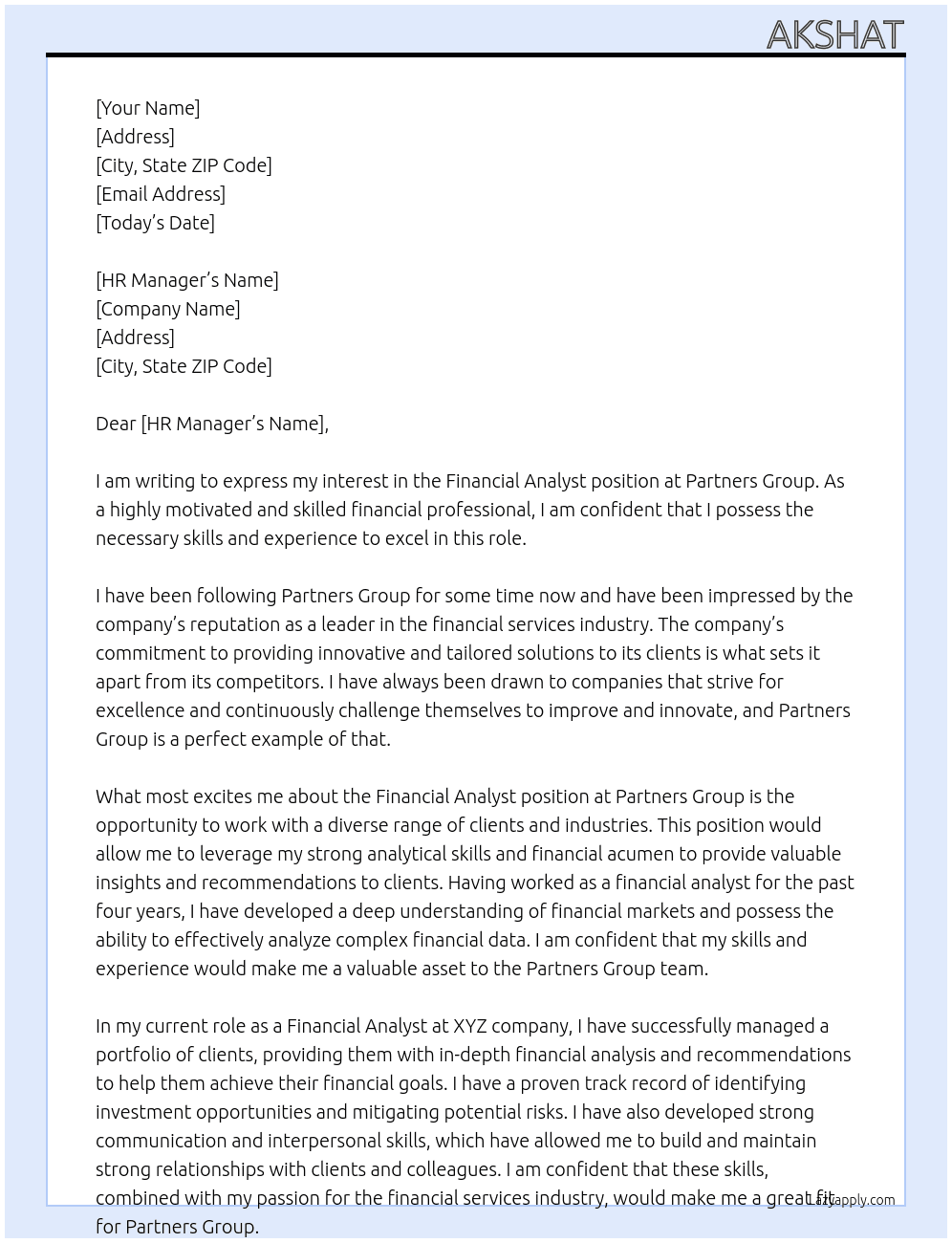 Financial Analyst At Partners Group Cover Letter