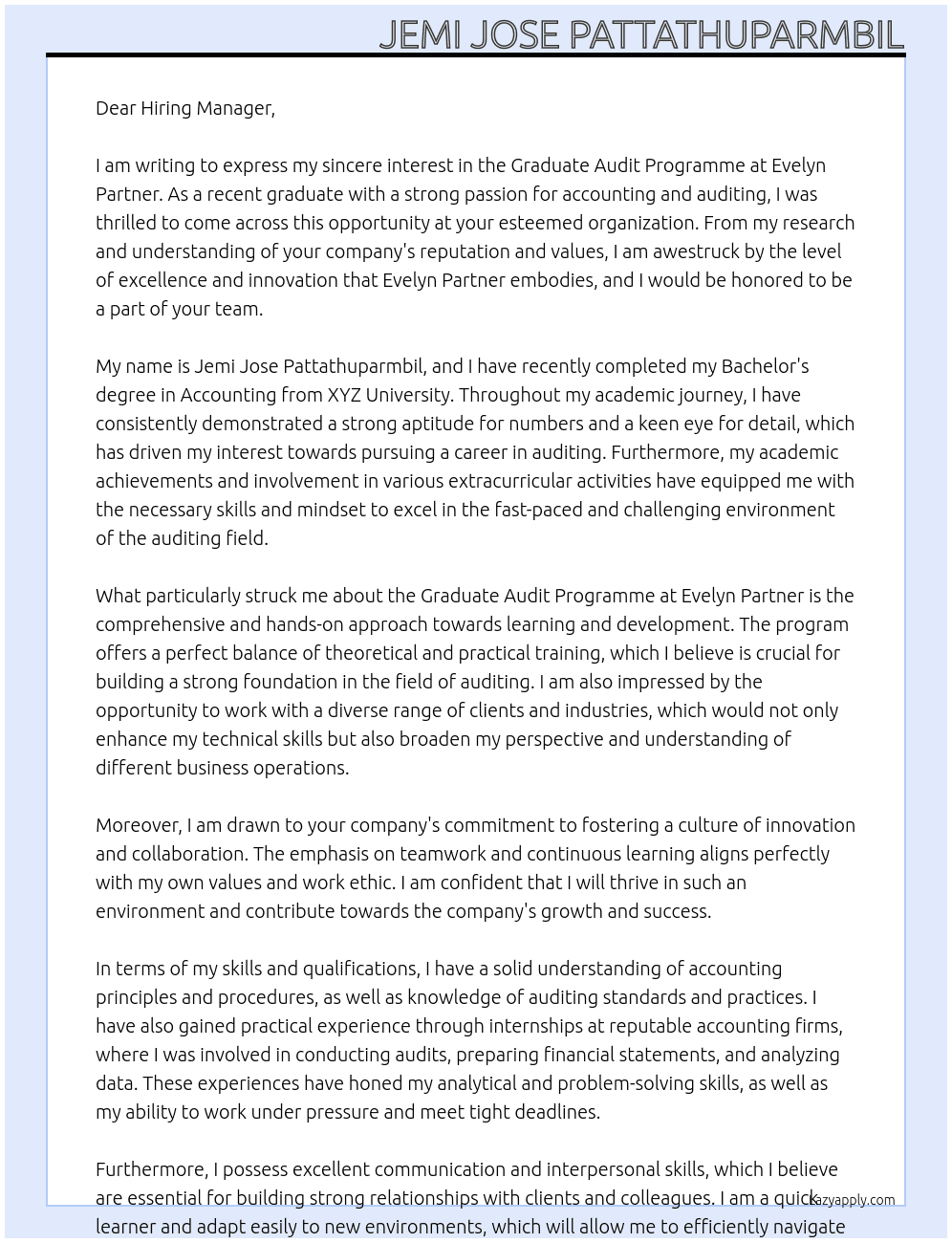 Graduate Audit Programme At Evelyn Partner Cover Letter