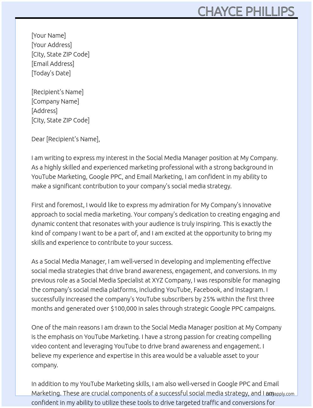 Social Media Manager  At My Company Cover Letter