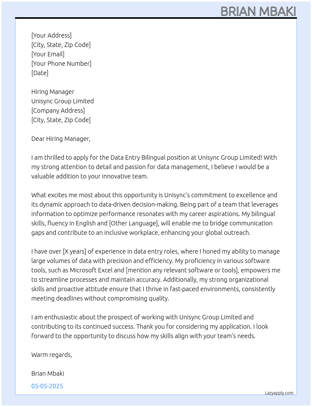 Data Entry Bilingual At Unisync Group Limited Cover Letter