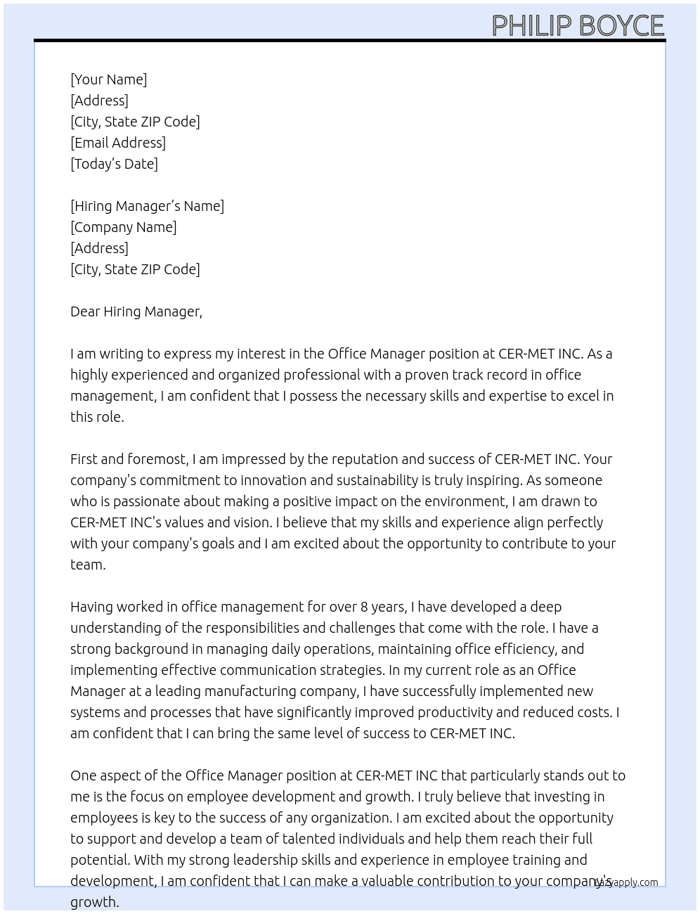 Office Manager At  CER-MET INC Cover Letter