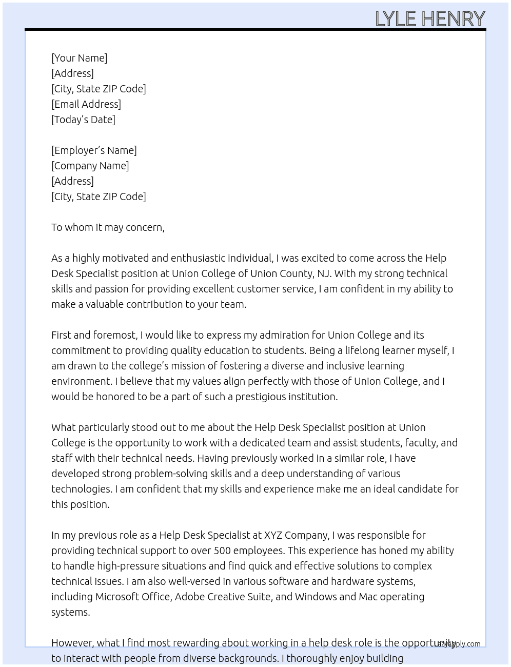 Help Desk Specialist At Union College of Union County, NJ Cover Letter