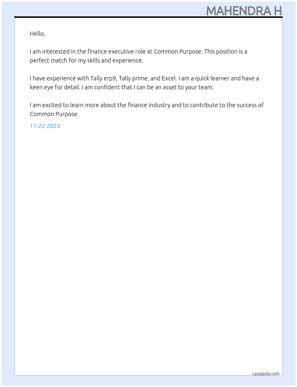 Finance executive  At Common purpose  Cover Letter