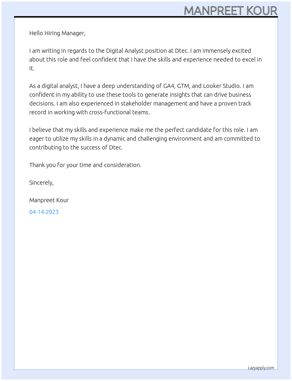 Digital Analyst  At Dtec Cover Letter