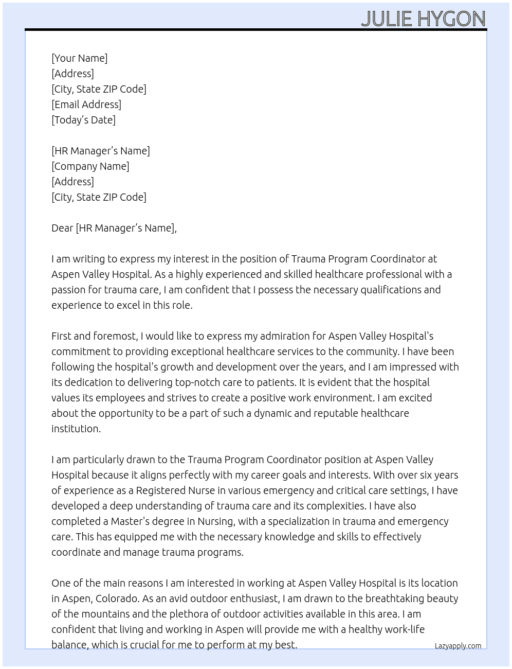 Truama program Coordinator At Aspen Valley hospital Cover Letter