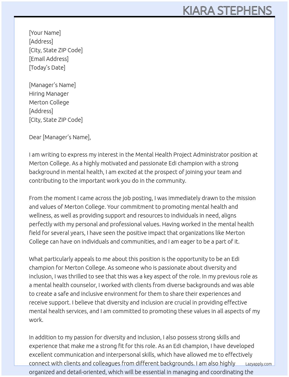 Mental health project administrator  At Merton college Cover Letter