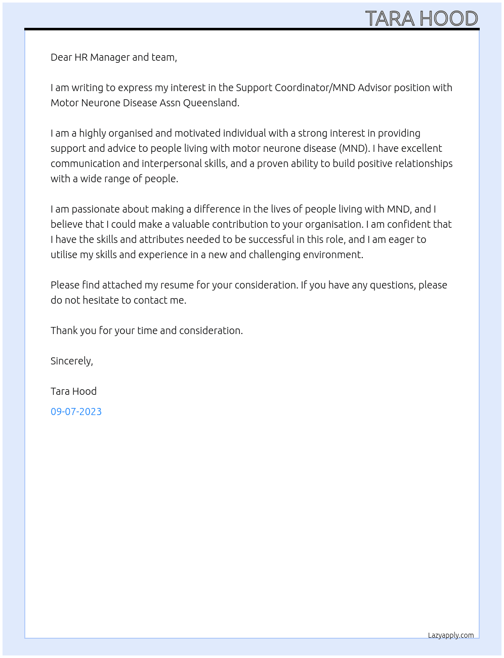 Support Coordinator/MND Advisor At Motor Neurone Disease Assn Queensland Cover Letter