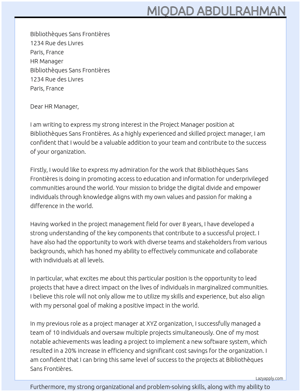 Project manager At Bibliothèques Sans Frontières  Cover Letter