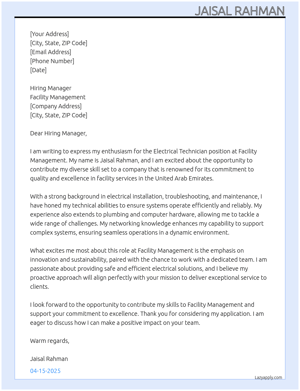 Electrical Technician  At Facility Management Cover Letter