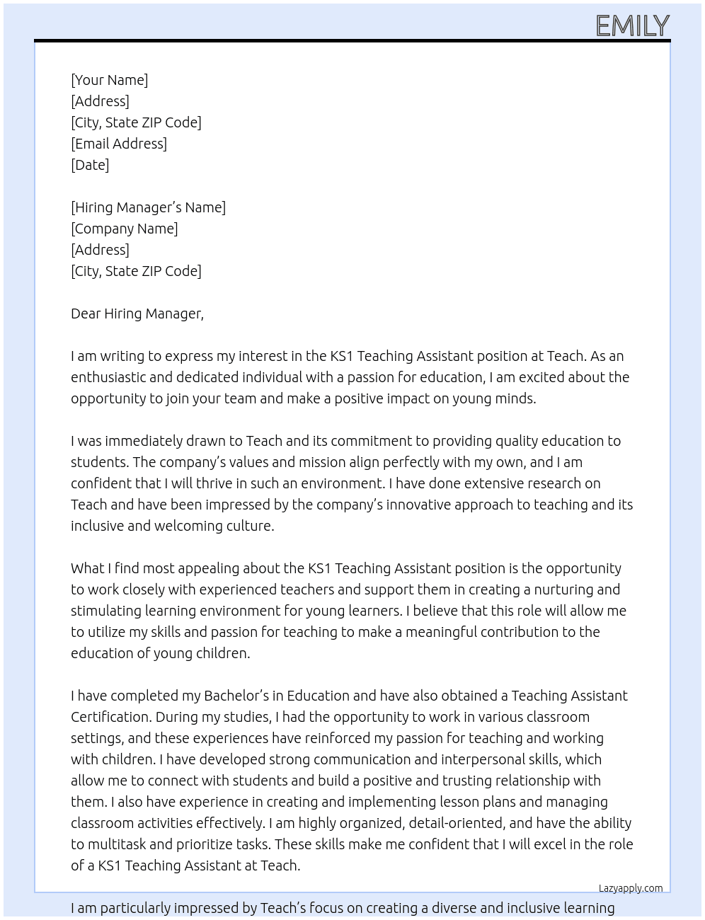 Ks1 Teaching assistant  At Teach Cover Letter
