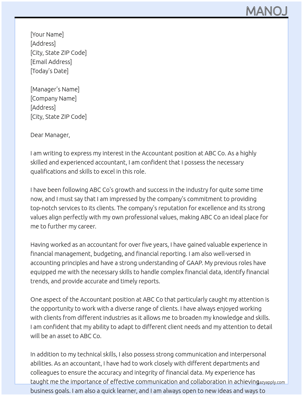 Accountant At ABC co Cover Letter