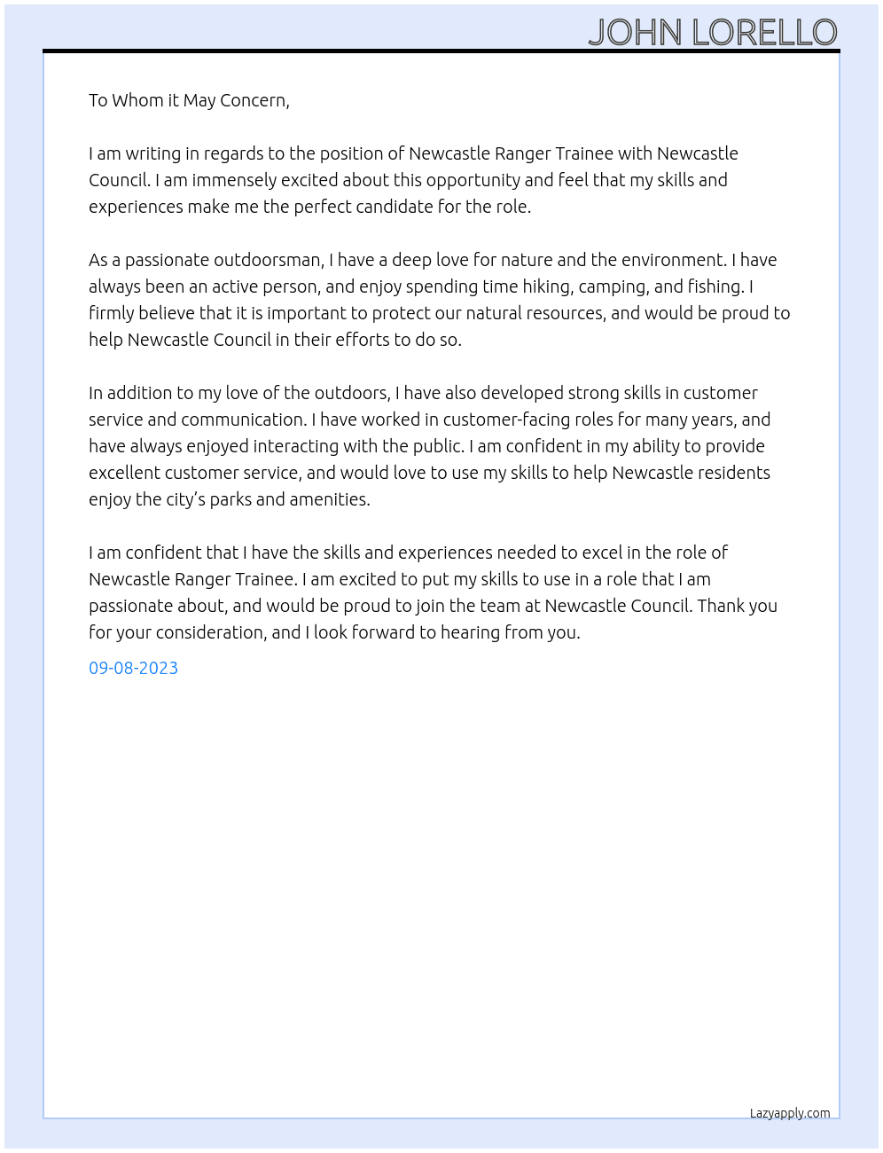 Newcastle Ranger Trainee At Newcastle Council Cover Letter