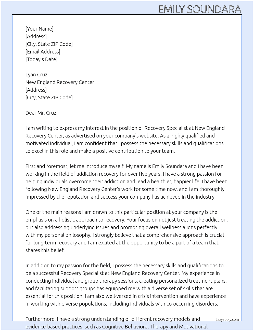 Recovery Specialist At New England Recovery Center Cover Letter