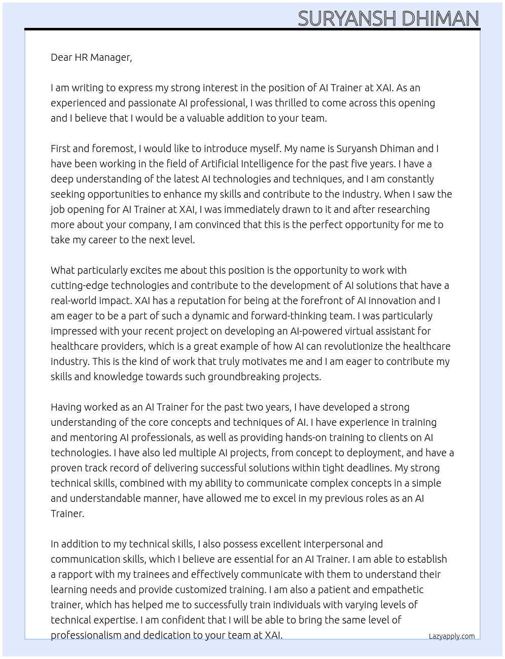 AI Trainer At xai Cover Letter