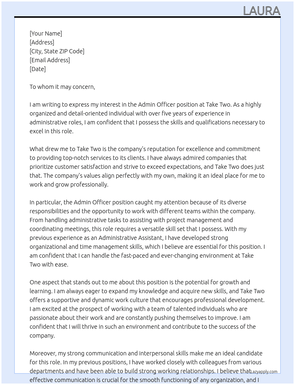 Admin officer At Take two Cover Letter