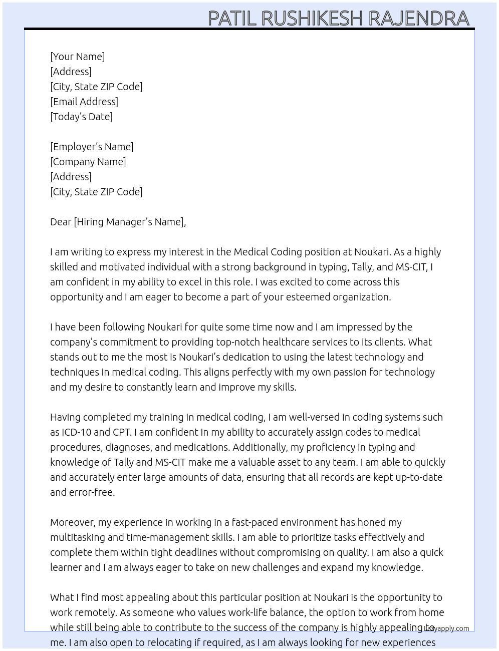 Medical coding  At Noukari  Cover Letter
