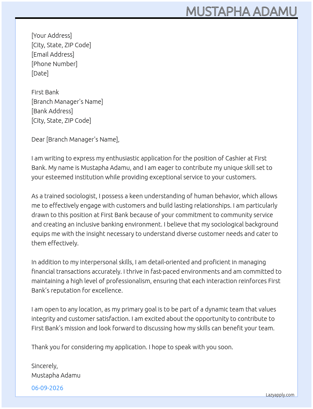 Cashier At First bank Cover Letter