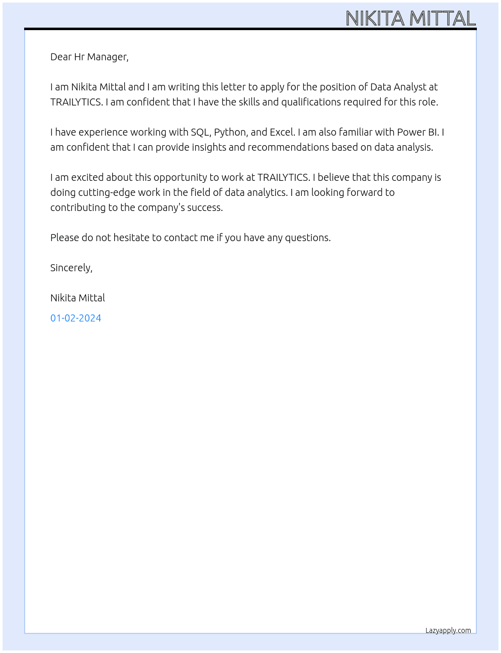 DATA ANALYST At TRAILYTICS Cover Letter