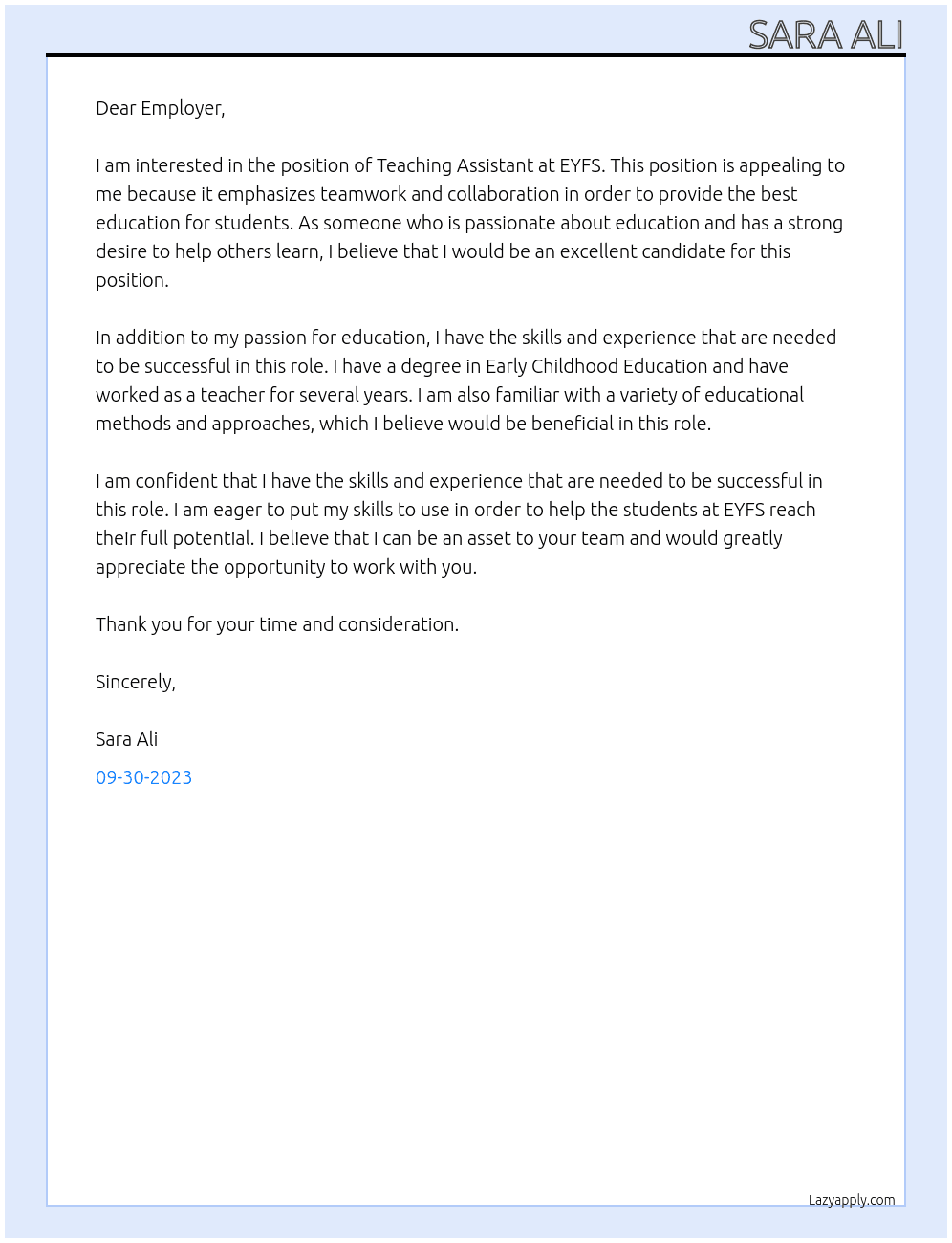 Teaching Assistant At EYFS Cover Letter