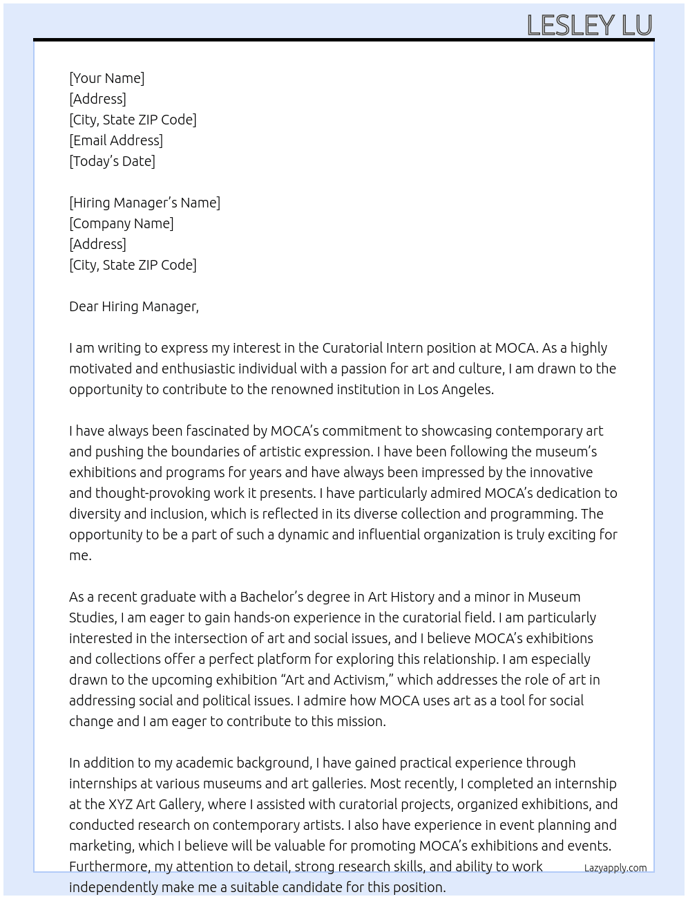 Curatorial Intern At MOCA Cover Letter
