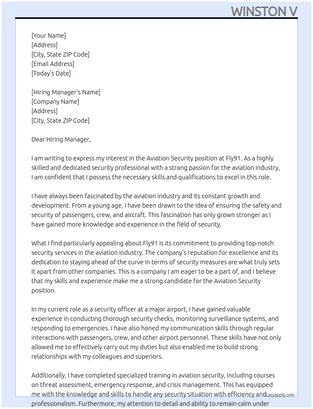 Aviation security At Fly91 Cover Letter