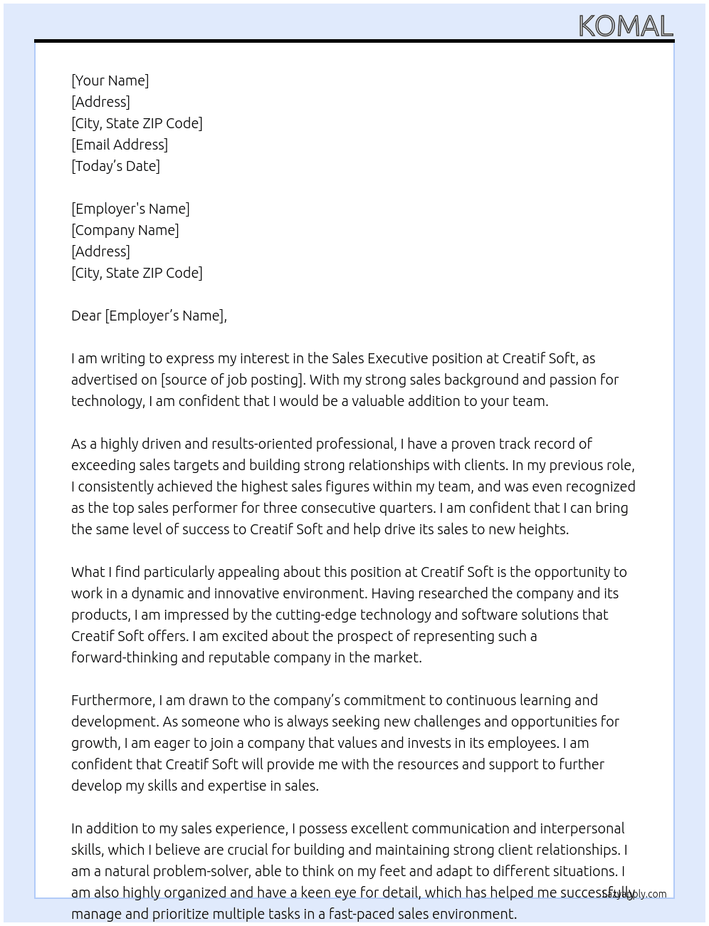 Sales Executive At Creatif Soft Cover Letter