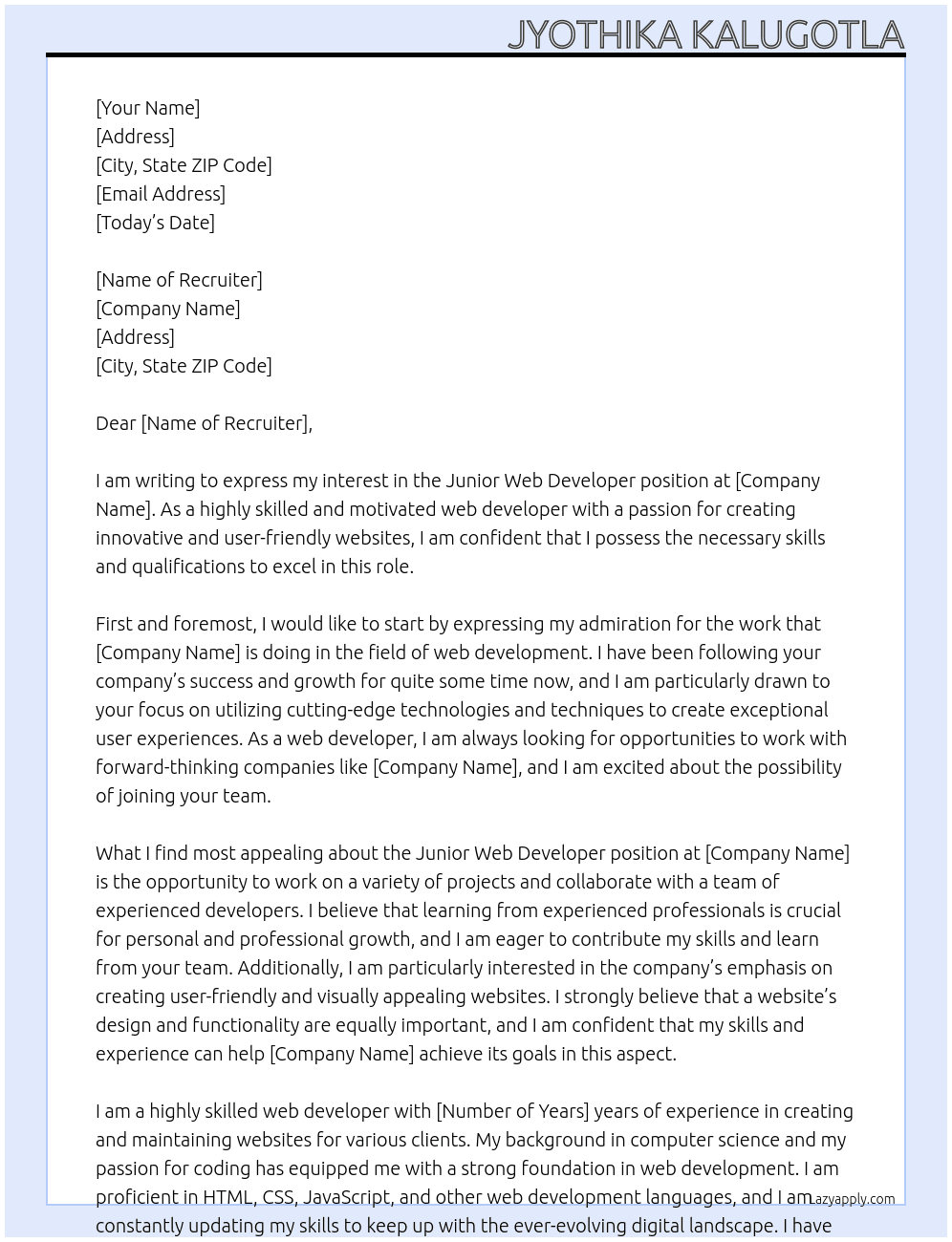 junior web developer At recrutily Cover Letter