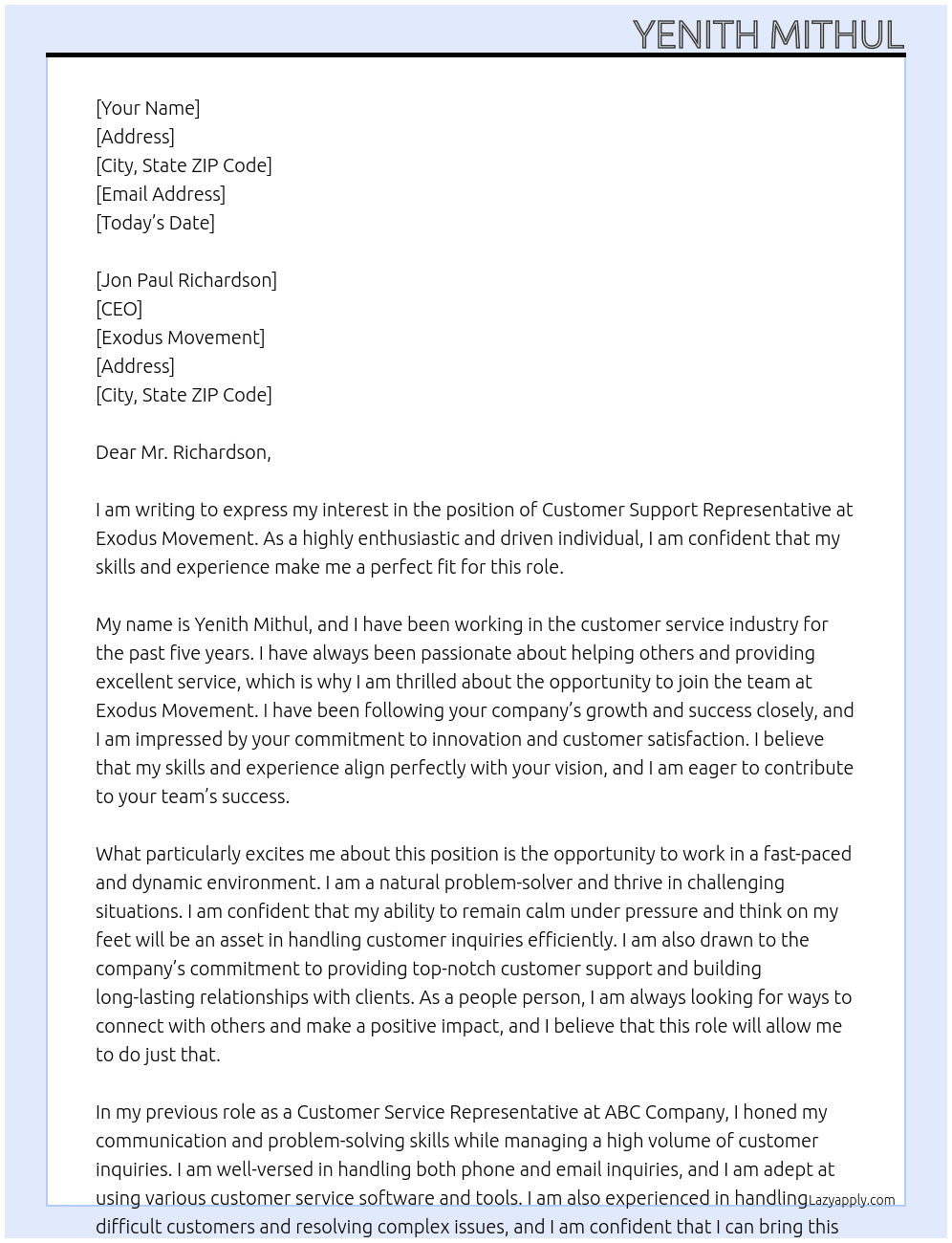 customer support representative At Exodus Movement Cover Letter