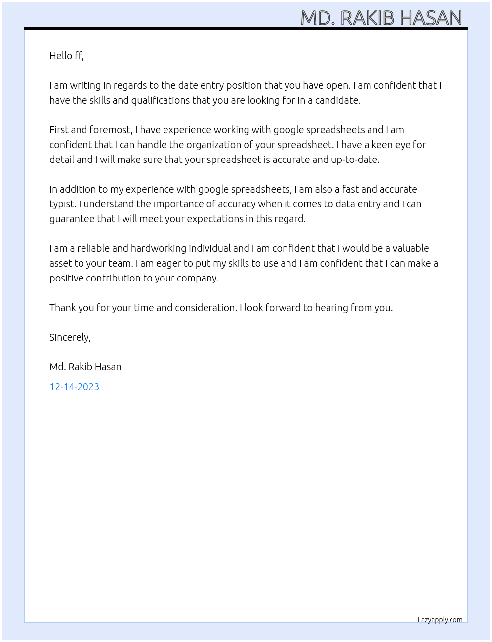Date Entry to organize a google spreadsheet At ff  Cover Letter