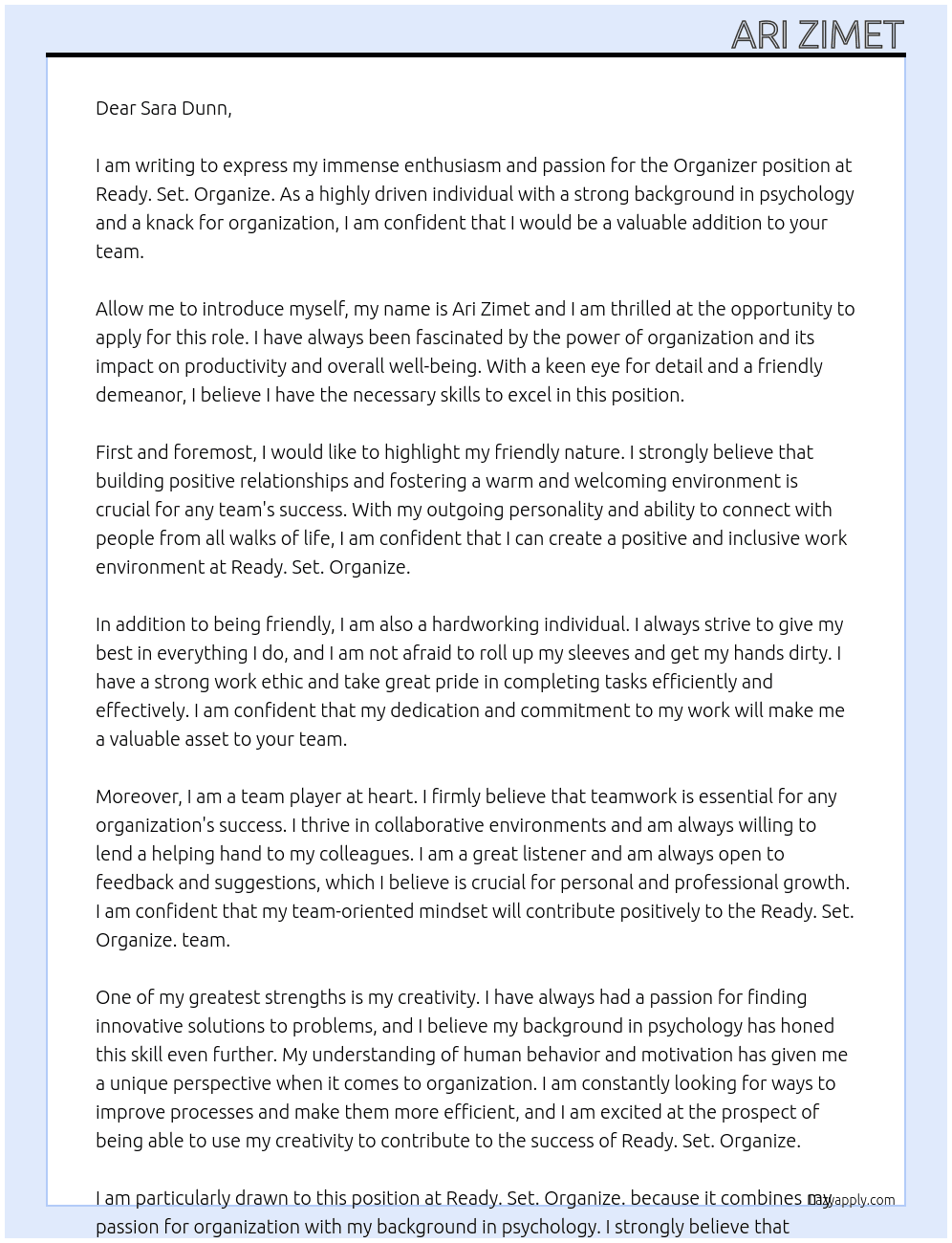Organizer At Ready. Set. Organize. Cover Letter