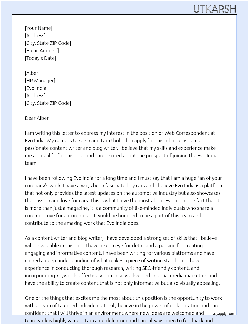 Cover letter for web correspondent - LazyApply