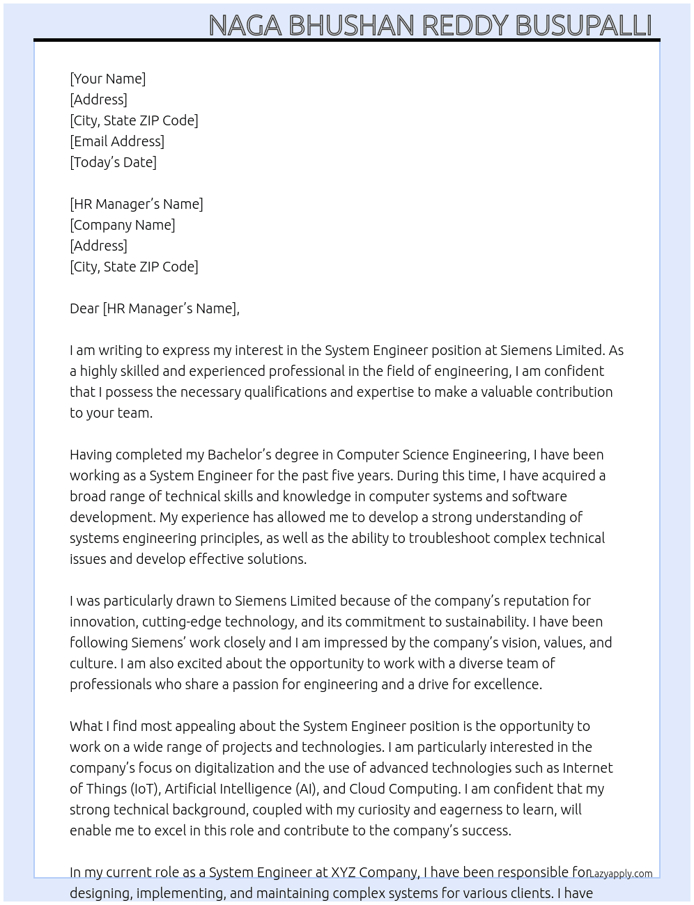 System Engineer At Siemens Limited Cover Letter