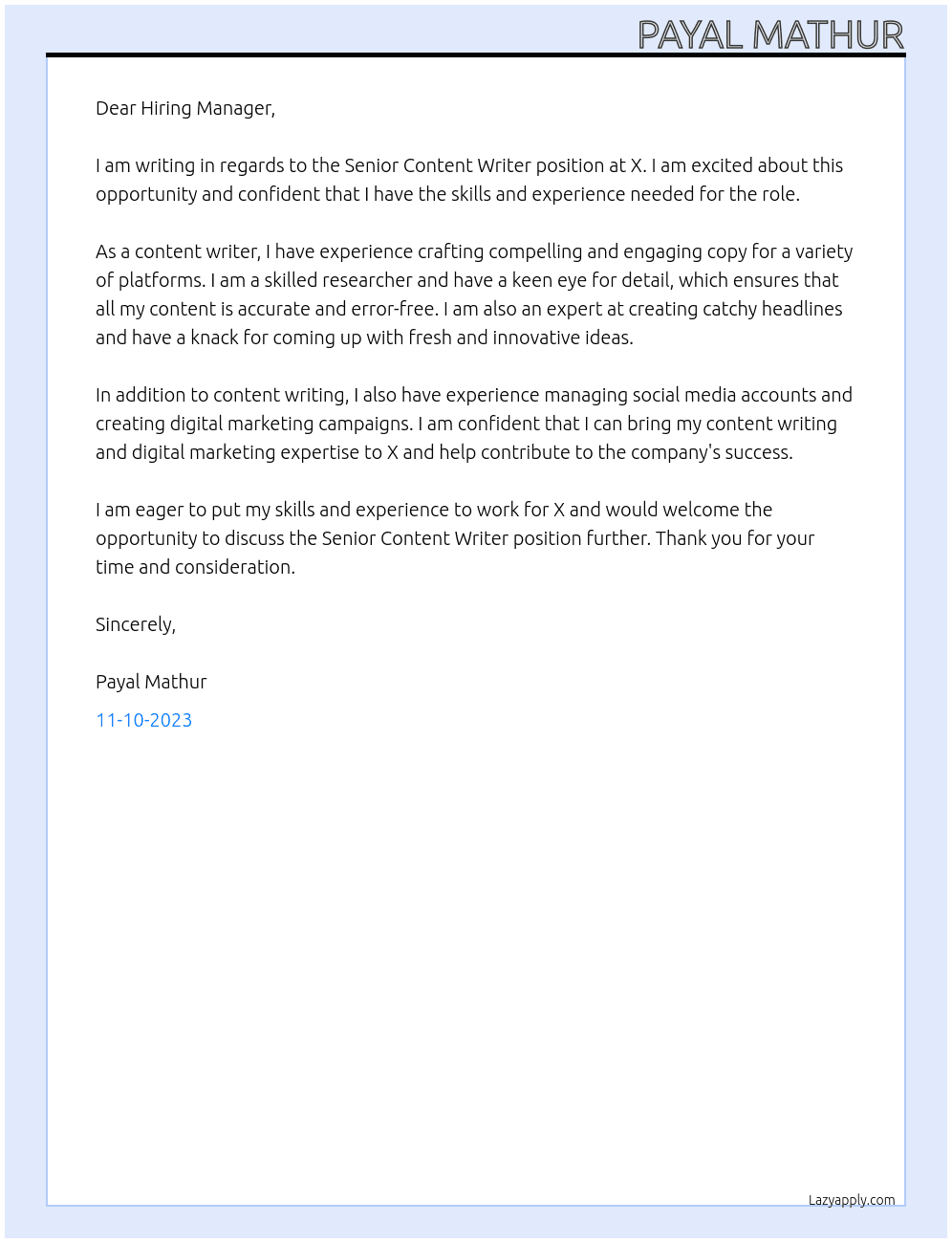 Senior Content Writer At X Cover Letter