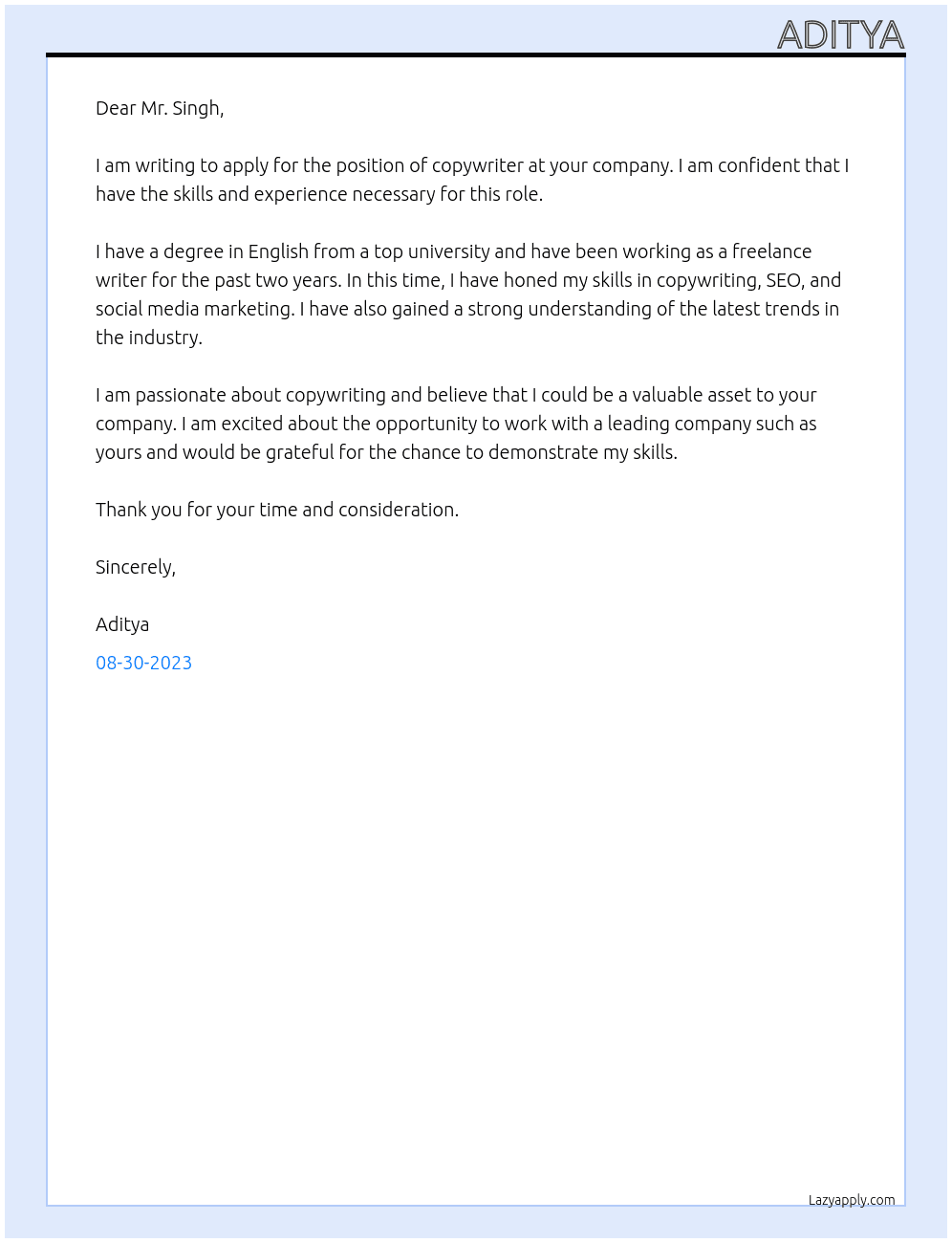 Copywriter At Singh Cover Letter