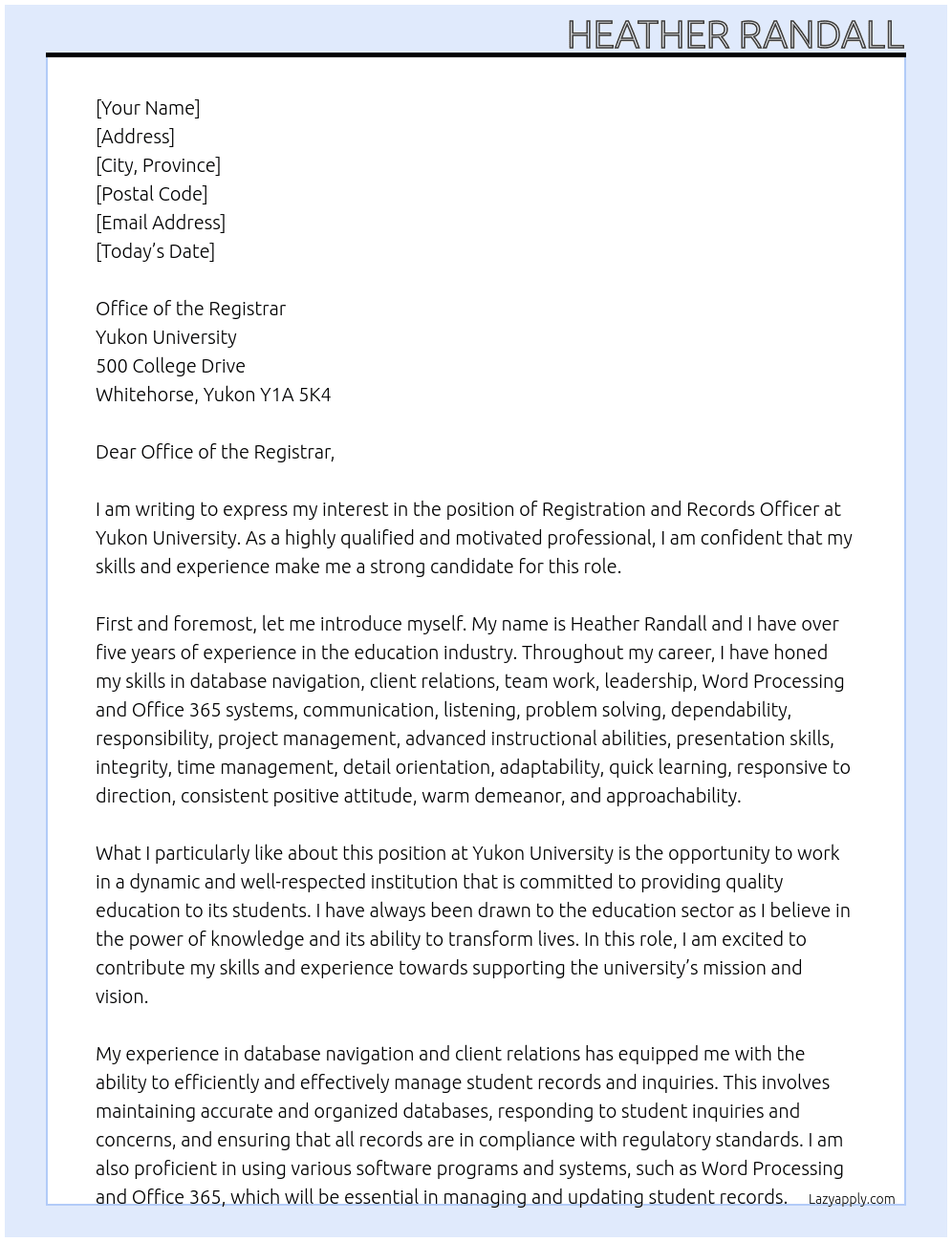 Registration and records officer At Yukon University Cover Letter