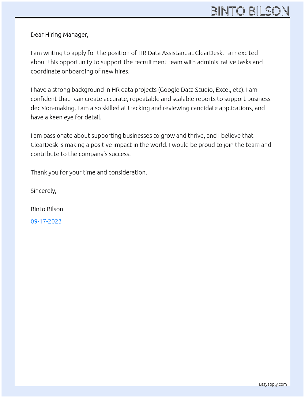 HR Data Assistant At ClearDesk Cover Letter