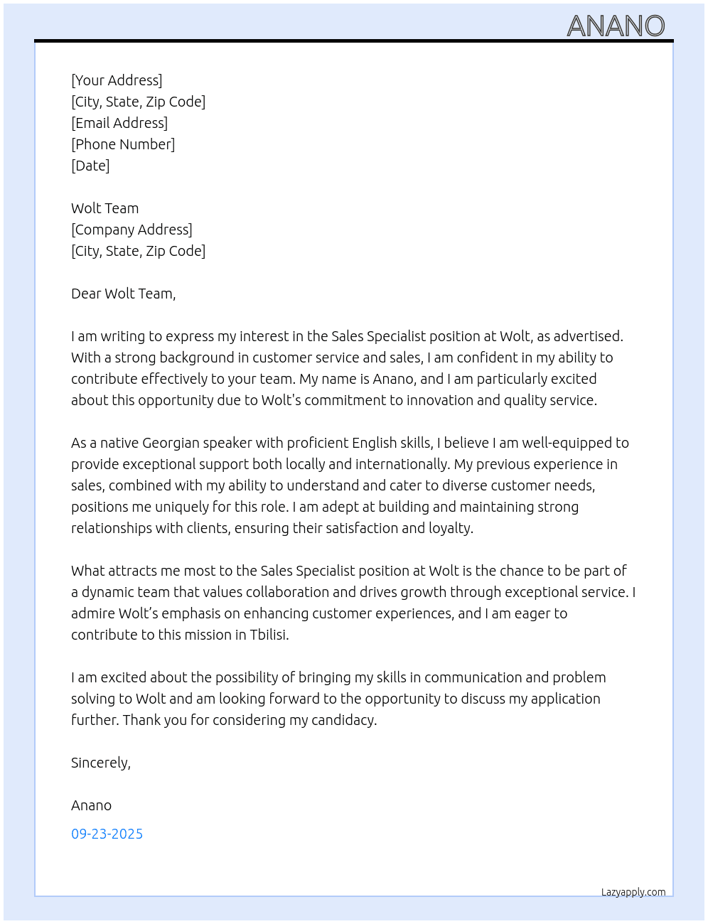 sales specialist  At wolt  Cover Letter