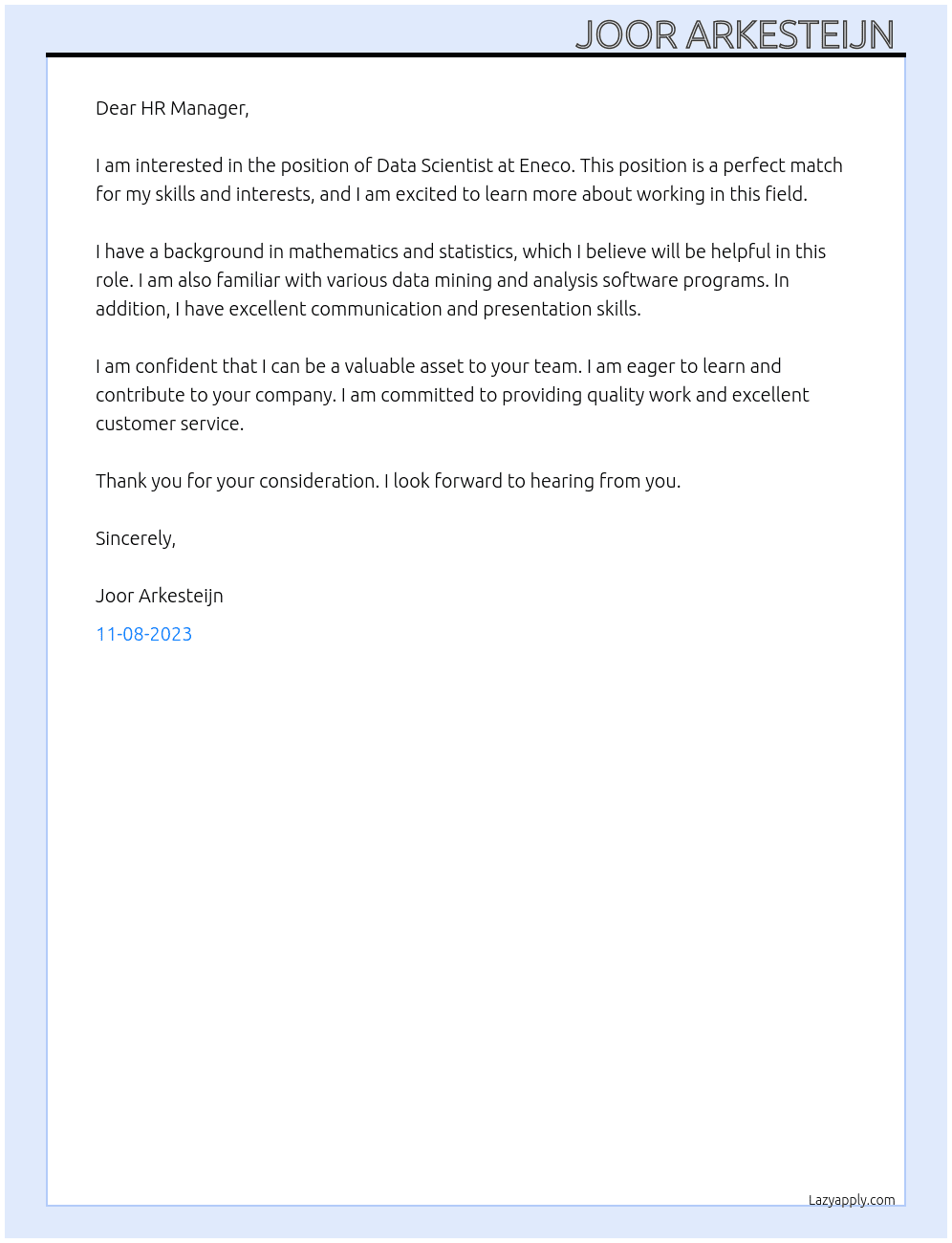 Data scientist At Eneco Cover Letter