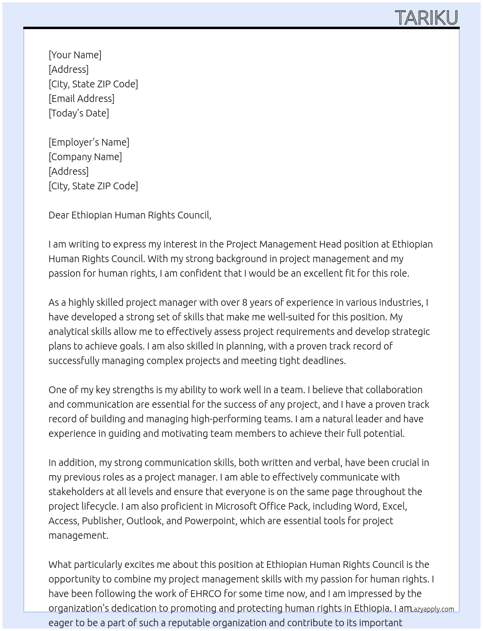 Project Management Head in Ethiopian Human Rights Council (EHRCO)    At Ethiopian Human Rights Council Cover Letter