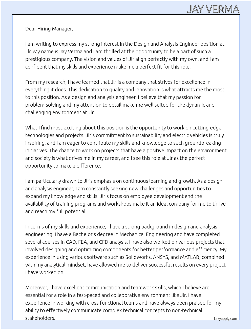 Cover letter for design and analysis engineer - LazyApply