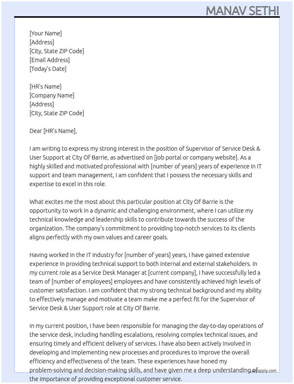 Supervisor of Service Desk & User Support At City Of Barrie Cover Letter