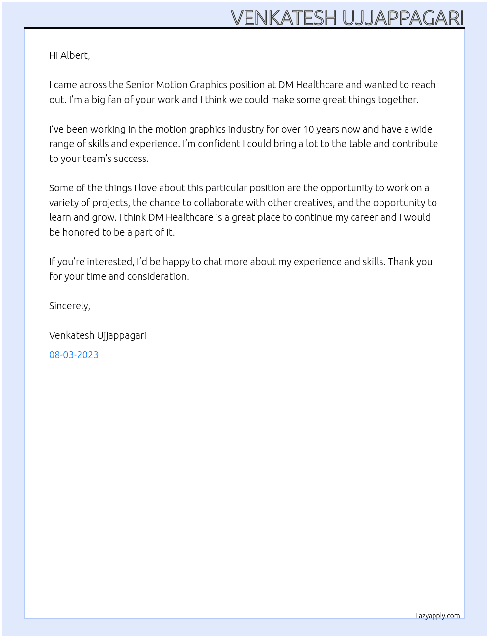 Senior motion graphics  At DM Healthcare Cover Letter