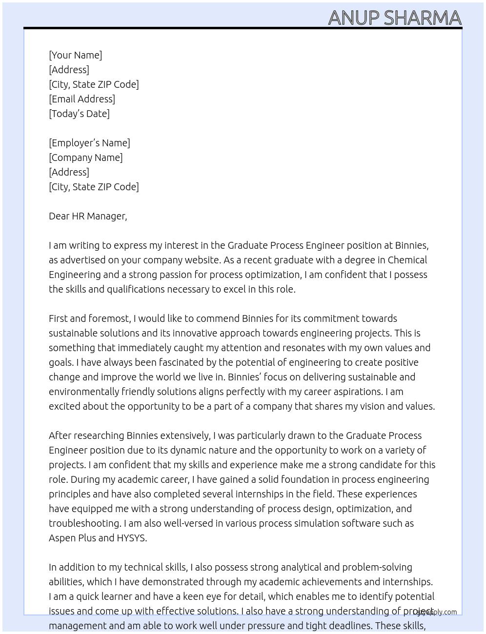 Graduate Process Engineer At binnies Cover Letter