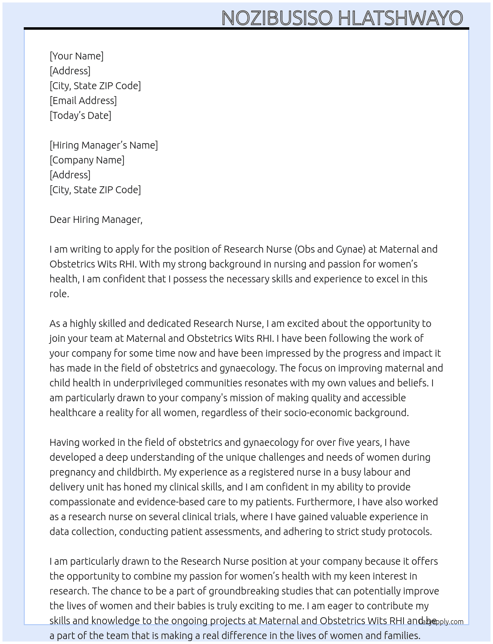 Research nurse ( obs and gynae) At Maternal and obstetrics wits RHI Cover Letter