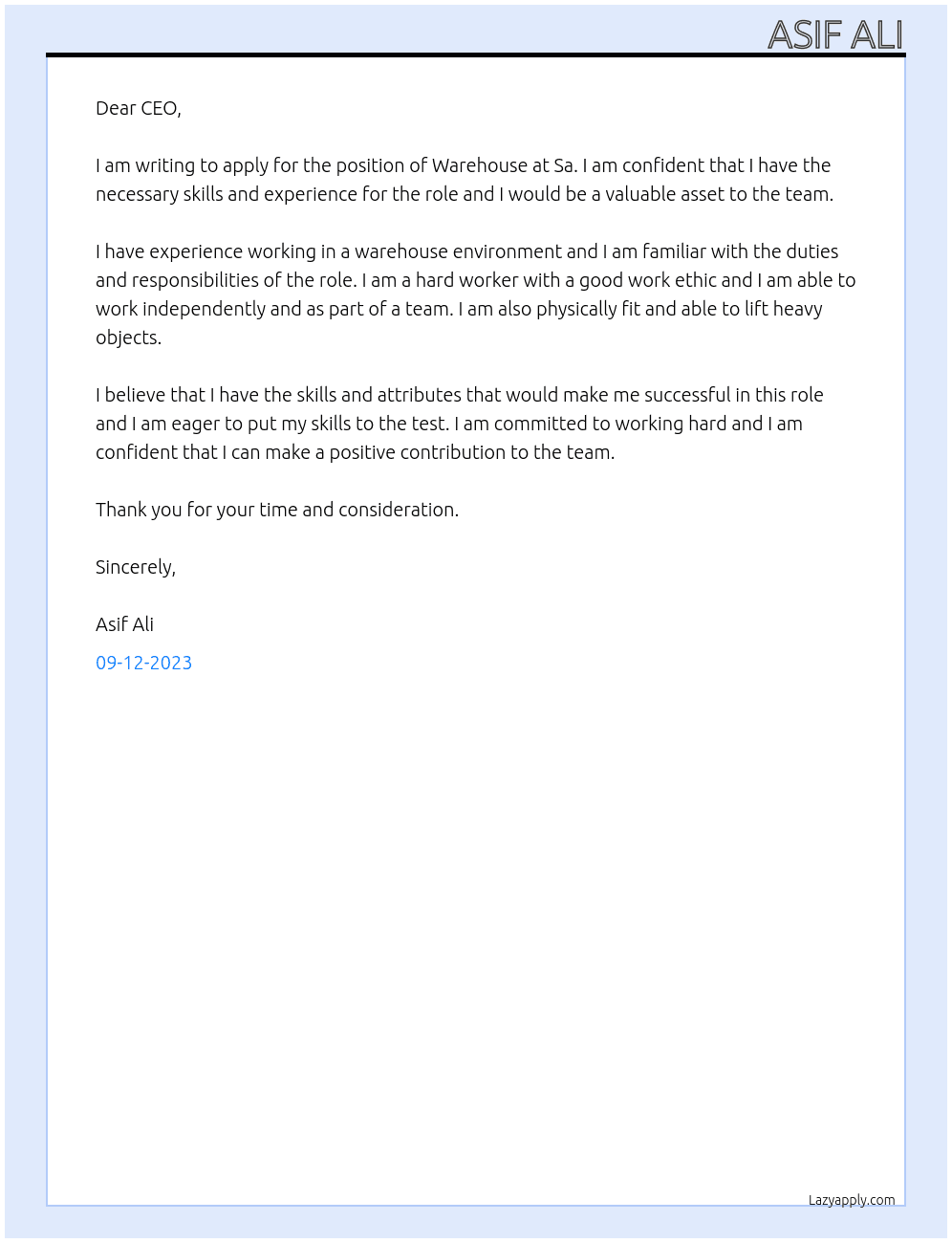 Warehouse  At Sa Cover Letter