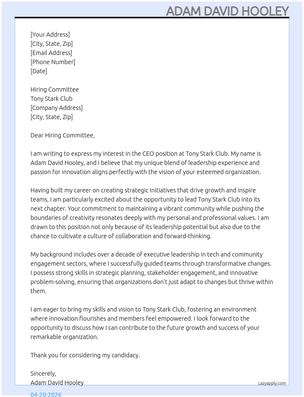 Ceo  At Tony stark club  Cover Letter
