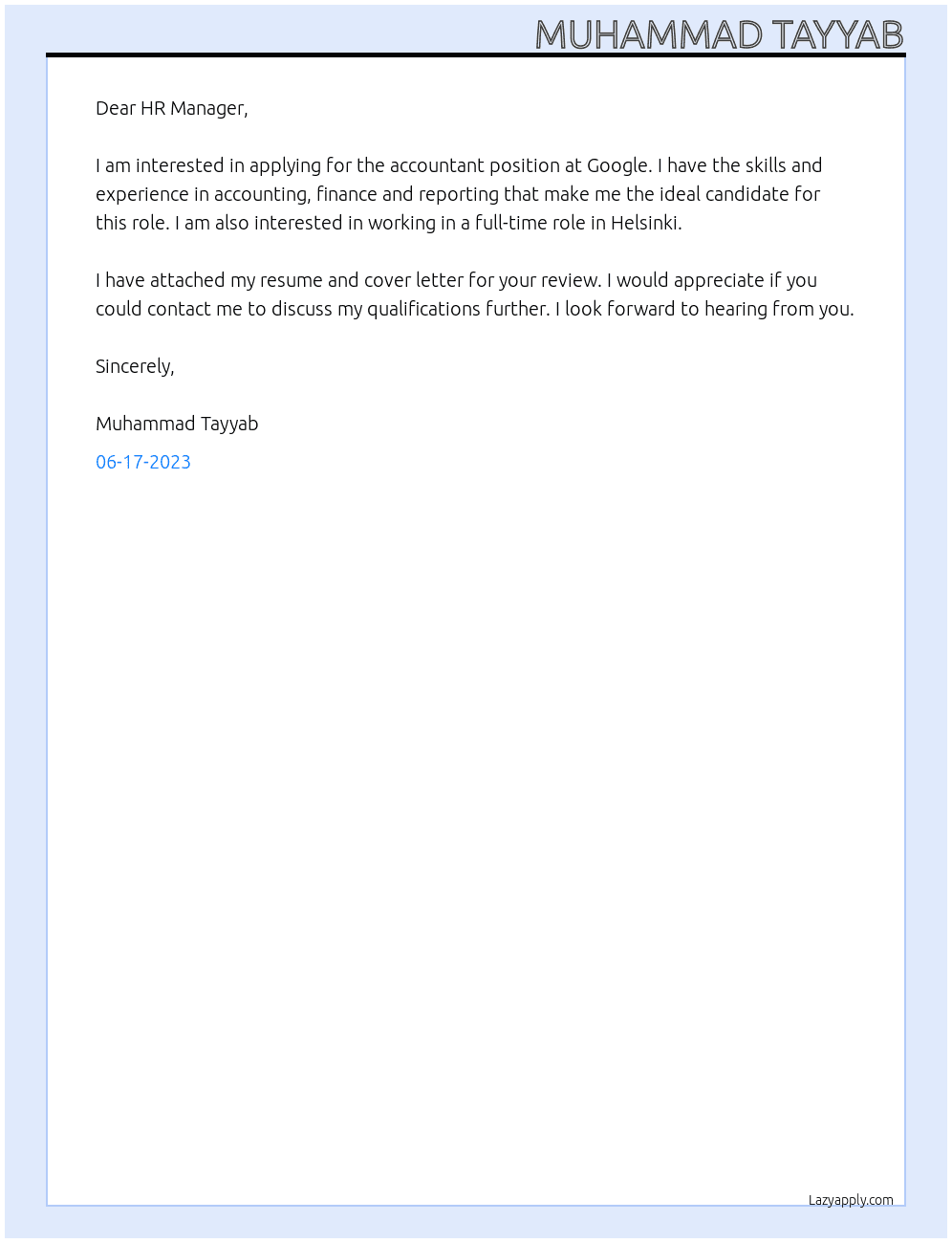 Accoutant At Google Cover Letter
